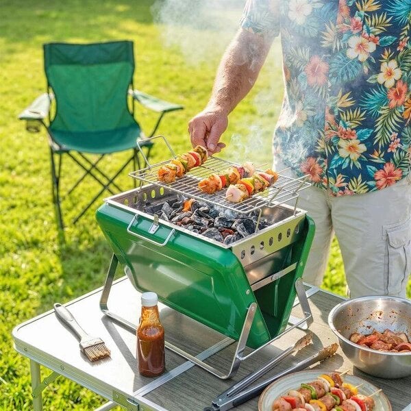 Bobobiy Charcoal BBQ Grill Portable Stainless Steel Barbecue with Tilting Grate for Camping Picnic Garden Dark Green - Green