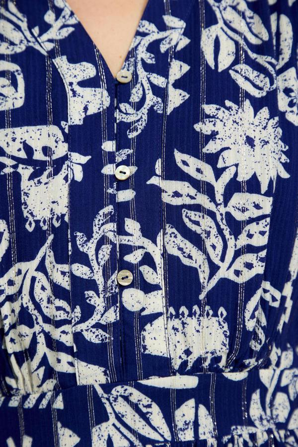 Mudflower Leaf Print Button-Up V-Neck Lurex Dress