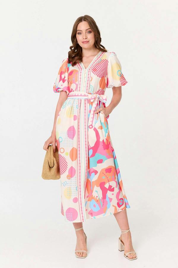 Pink | Abstract Short Puff Sleeve Midi Dress