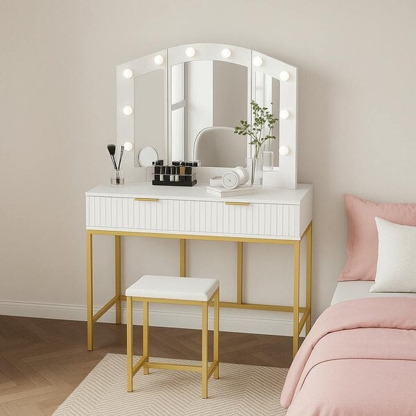 Kosy Koala White Dressing Table with LED Lights Mirror Drawers Vanity Makeup Stool Desk Set