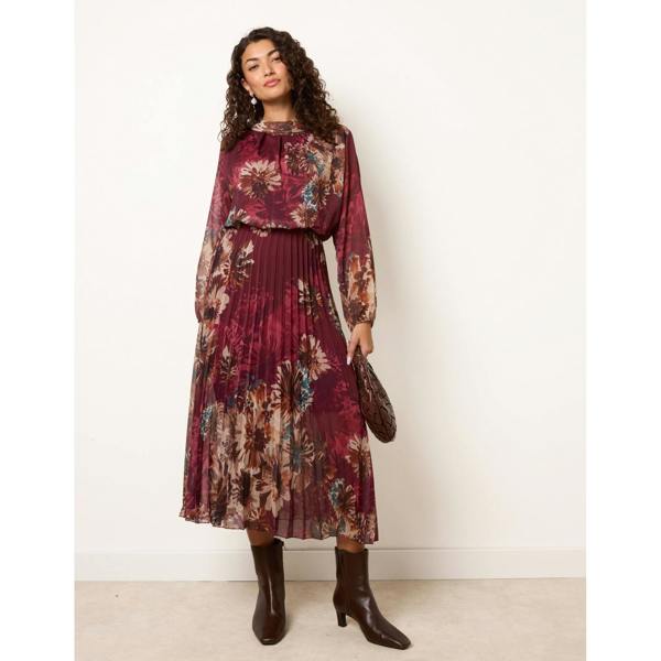 Blue Vanilla Floral Cowl Neck Long Sleeve Pleated Chiffon Dress