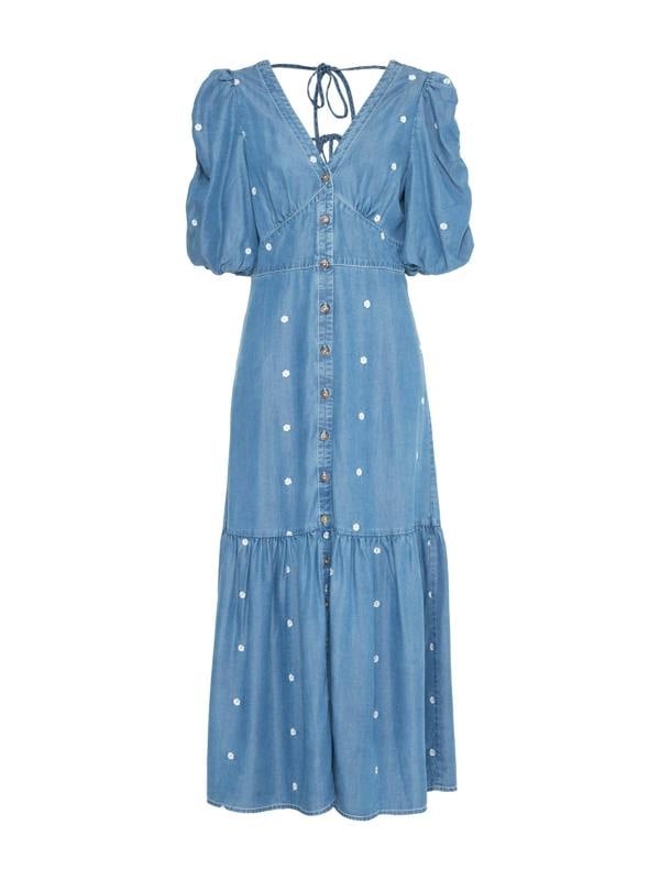 Rose & Nancy Mila Denim Tencel Daisy Embroidered Midi Dress