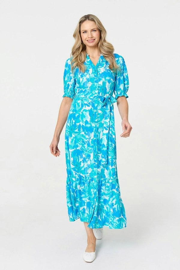 Blue | Printed 1/2 Puff Sleeve Tie Waist Maxi Dress
