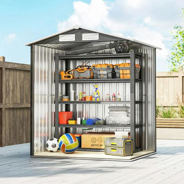 Grey metal storage shed interior with multiple shelves holding tools and household items