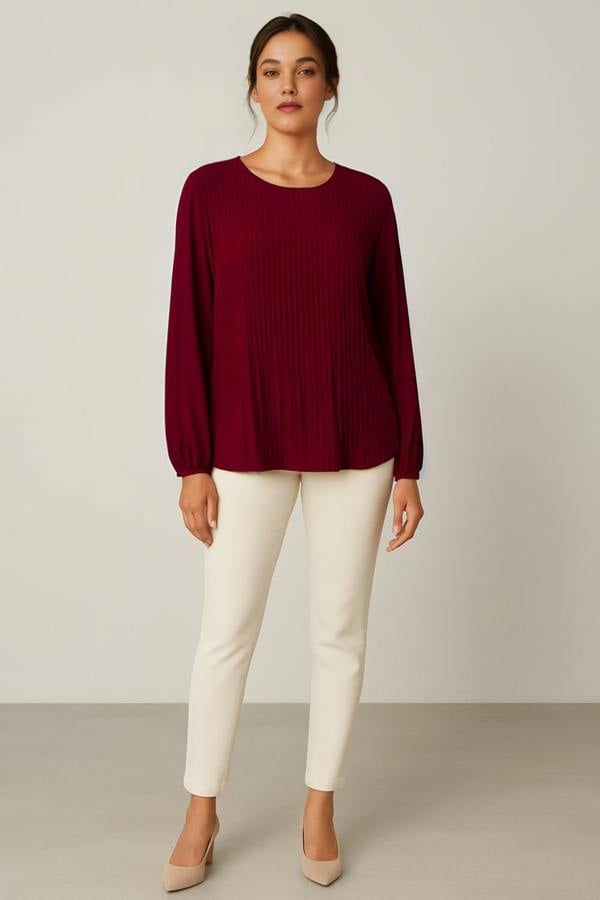 Hoxton Gal Oversized Long Sleeves Pleated Top with Tulle Details in Burgundy with Necklace