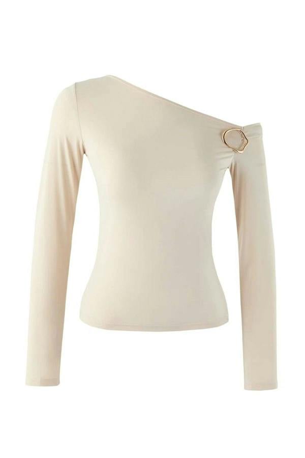 WOVCOR Asymmetric Collar Knit Blouse with Accessory Detail