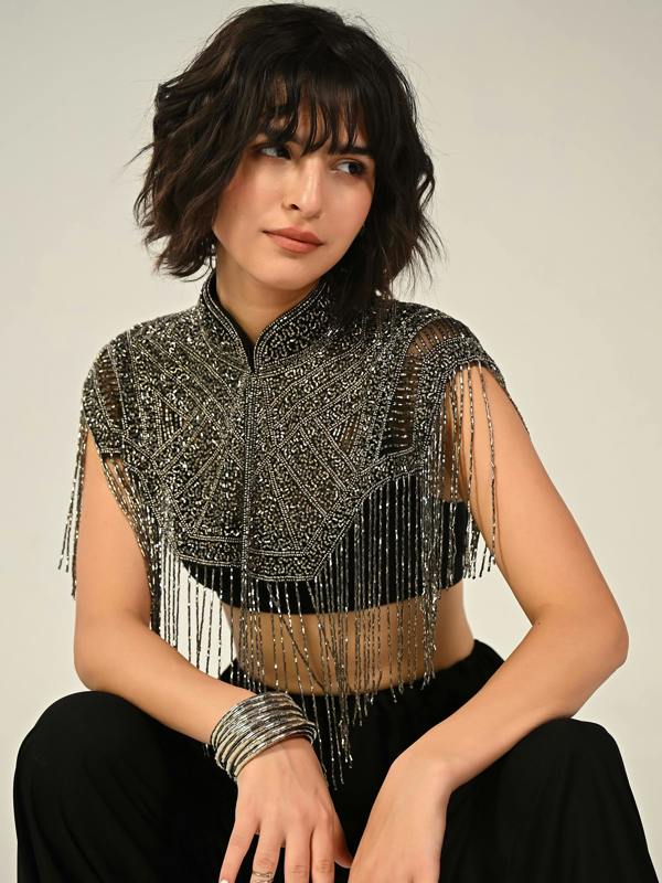 Rose & Nancy Bonnie Hand Embellished Black Silver Fringe Cape Top