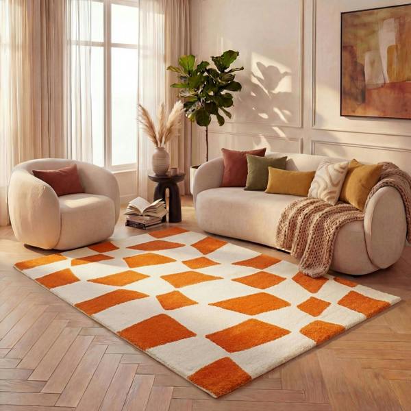 Living room with a patterned rug, sofa, and armchair.