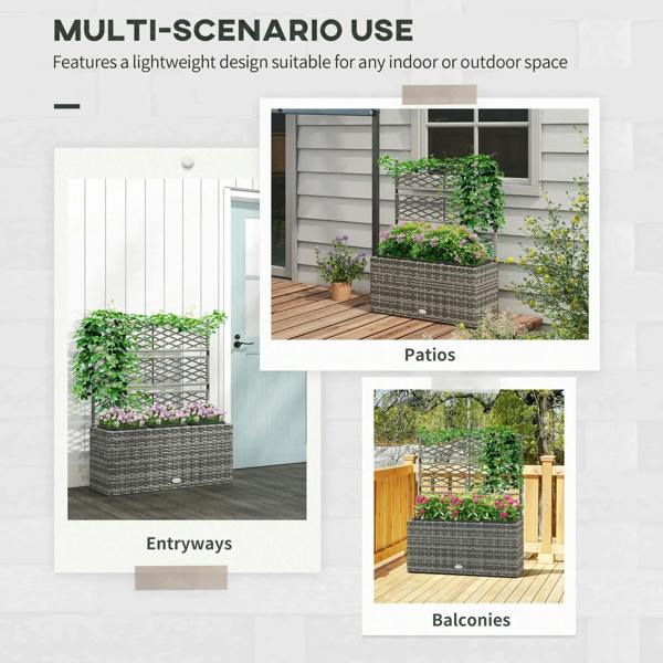 Light grey rattan-style raised garden planter with lattice trellis