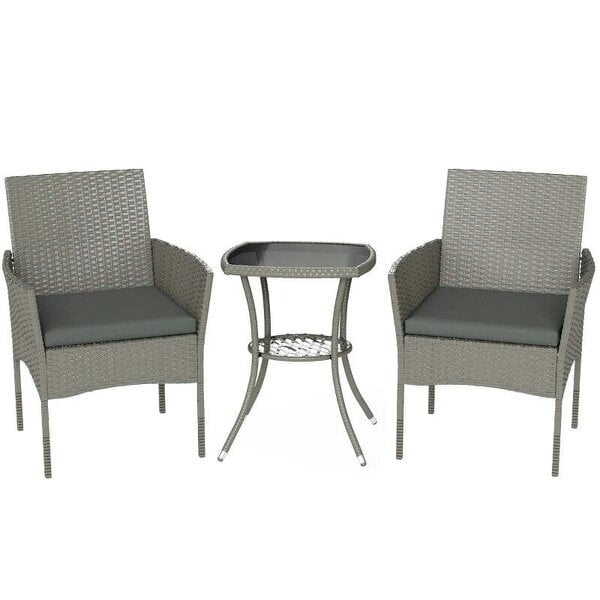 3 Piece Rattan Bistro Set, PE Wicker Garden Furniture Conversation Set with 2 Tier Glass-Top Table, Chairs, Dark Grey