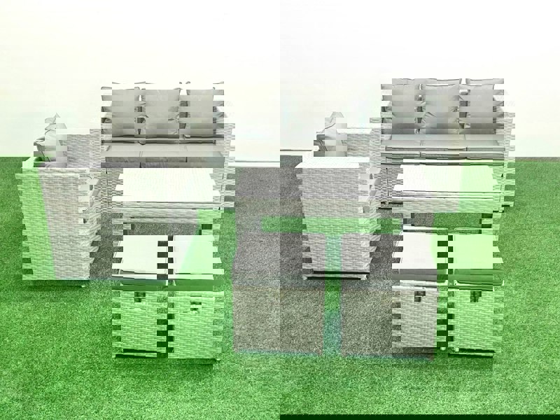 Fimous Rattan Garden Furniture Set 5 Pieces Outdoor Garden Sofa Oblong Coffee Table Set with Chair 2 Small Footstools Light Grey Mixed