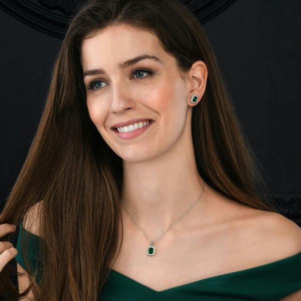 namana 925 Sterling Silver Emerald Cut Green Halo Pendant Necklace For Women