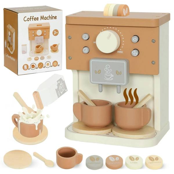 Kids wooden coffee machine toy with dial, buttons, tray, cups, and pretend coffee accessories