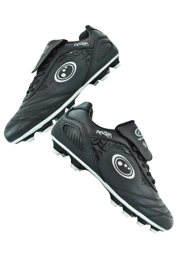 Pair of black Optimum Razor lace-up football boots with silver logo, moulded studs and white soles - Optimum