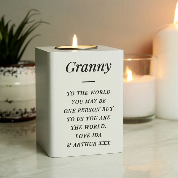 Personalised Memento Company Personalised Free Text White Wooden Tea light Holder