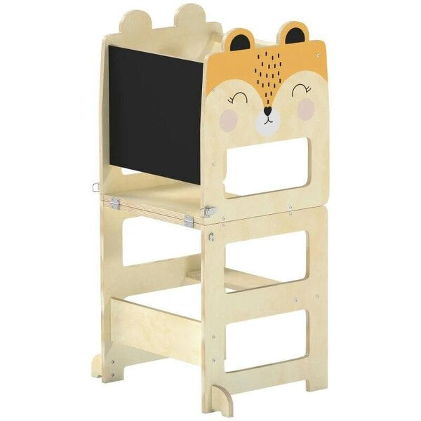 Toddler Step Stool, Standing Tower with Chalkboard, 3-in-1 Fox-Shaped Step Stool for Kitchen Counter, Natural