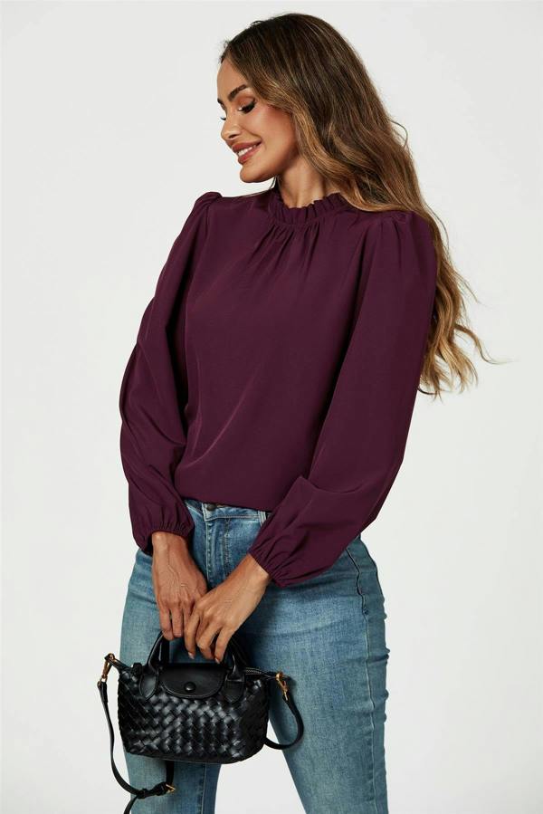 FS Collection Frill Detail High Neck Top In Plum