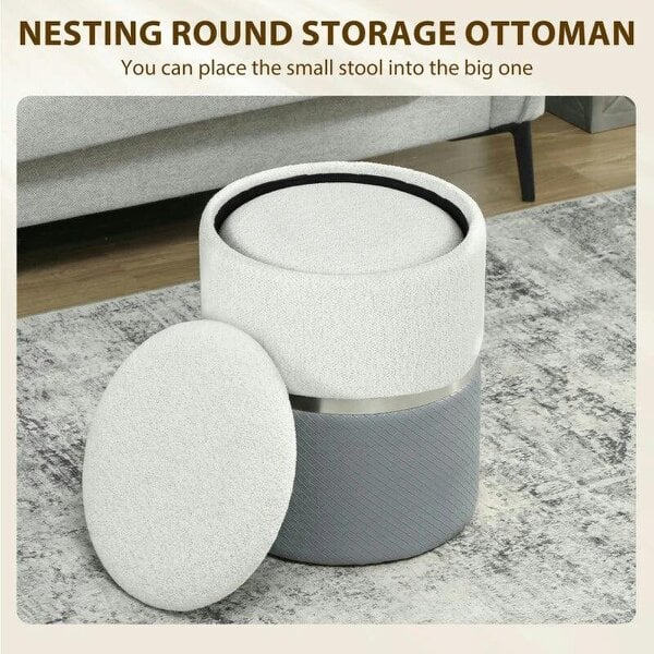 Nesting Round Ottoman with Storage Set of 2 - Cream/Grey