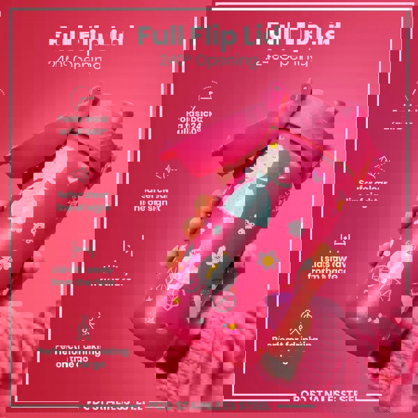 A pink, princess-themed stainless steel water bottle is being held; its full flip lid, offering a 240° opening, is shown. The bottle features a design of a princess and carriage. The context is a pink background with product details.