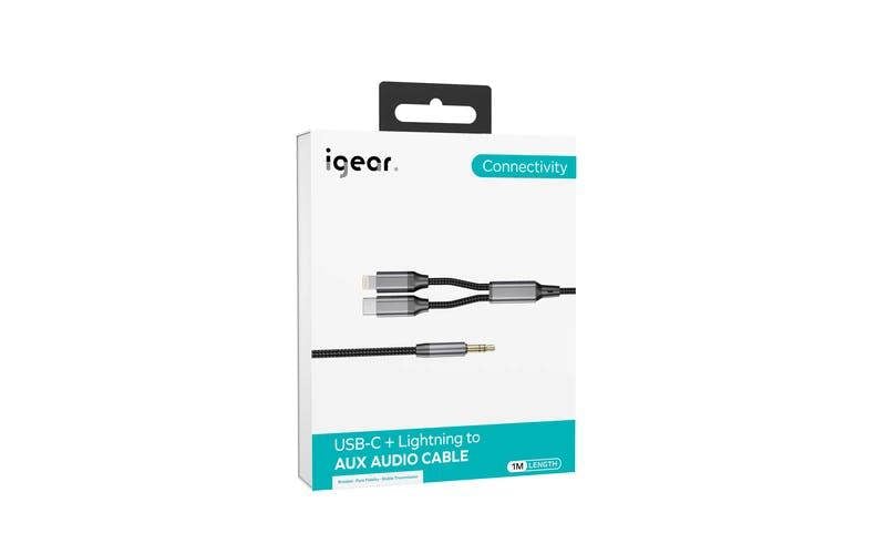 iGear Lightning + USB C to 3.5mm Audio Premium Nylon Braided Cable
