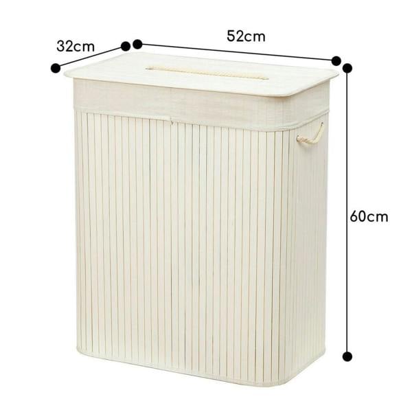 Dyzi Rectangular Bamboo Laundry Basket with Divider Lid Rope Handles White