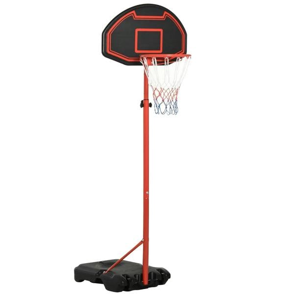 Portable basketball hoop with black base, red pole, and backboard with white net