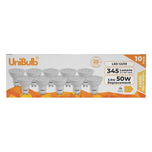 UniBulb LED GU10 345lm 3.6W 3000K (Warm White) Light Bulb - Pack of 10 front