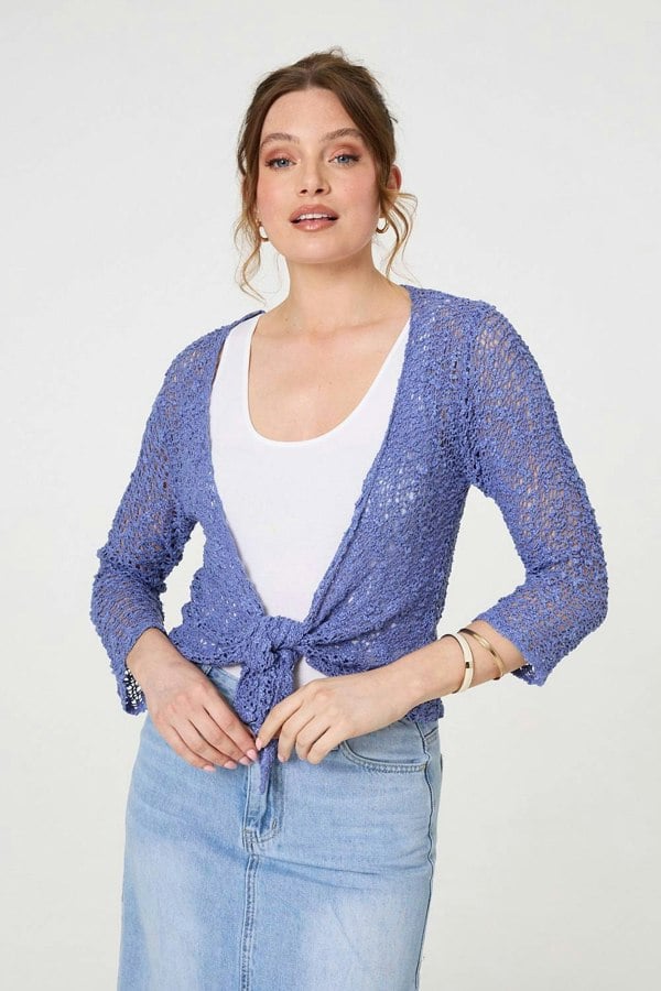 Blue | Crochet Open Knit Waterfall Cardigan
