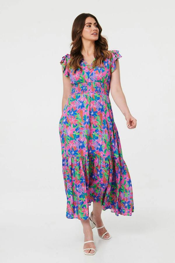 Blue | Floral Shirred Cap Sleeve Maxi Dress

