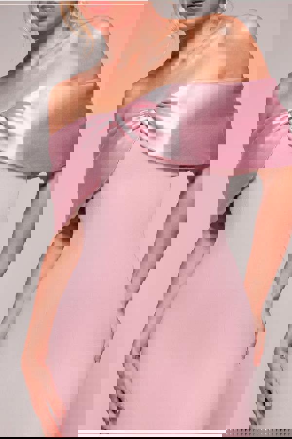 Twist Knot Satin & Scuba Bardot High Low Midi Dress - Blush Pink DR4617