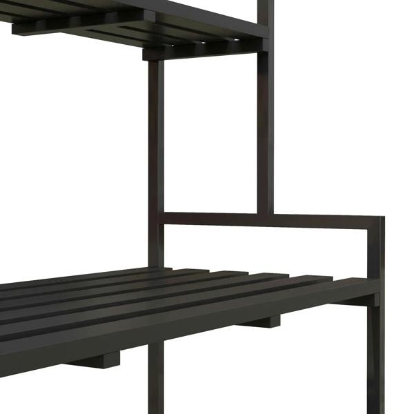 Black metal rack shelf supports and legs, close-up of lower tier