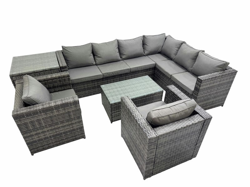 Fimous Patio Sofa Oblong Coffee Table Set Rattan Garden Furniture Set with 2 Chairs Side Table Dark Grey Mixed
