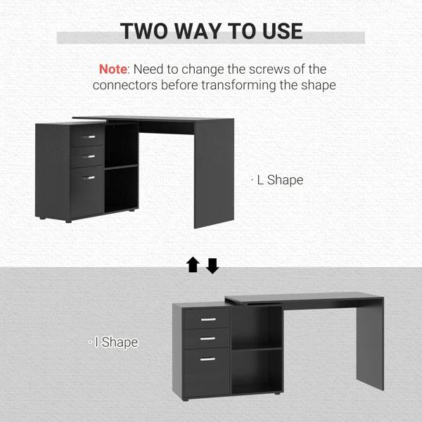 Black L-shaped desk with corner shelving and drawer cabinet, shown in 2 configurations