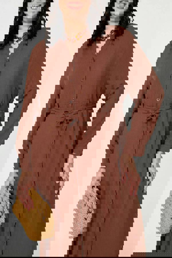 Brown | Curve Long Sleeve Tie Waist Maxi Dress