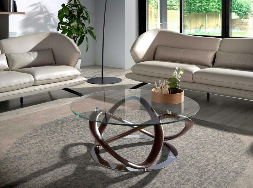 Angel Cerdá Round coffee table tempered glass, walnut and chrome-plated steel 2064