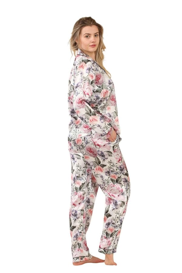 Women's Floral Satin Pajama Set with Pockets - Long Sleeve Button-Up Top and Full-Length Pants