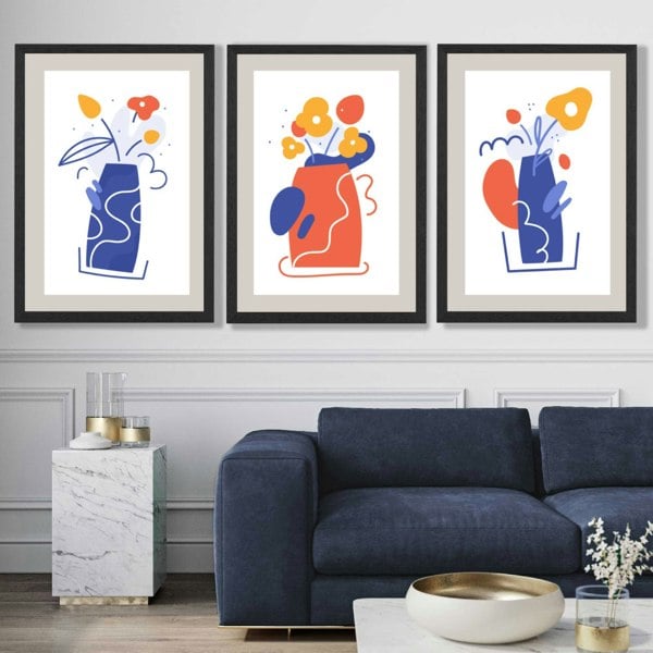 Boho Minimal Floral Blue Orange Set of 3 Art Prints in Luxury Frames | Artze UK