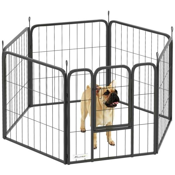 Black six-panel dog playpen with front door and wire panels, freestanding for small dogs