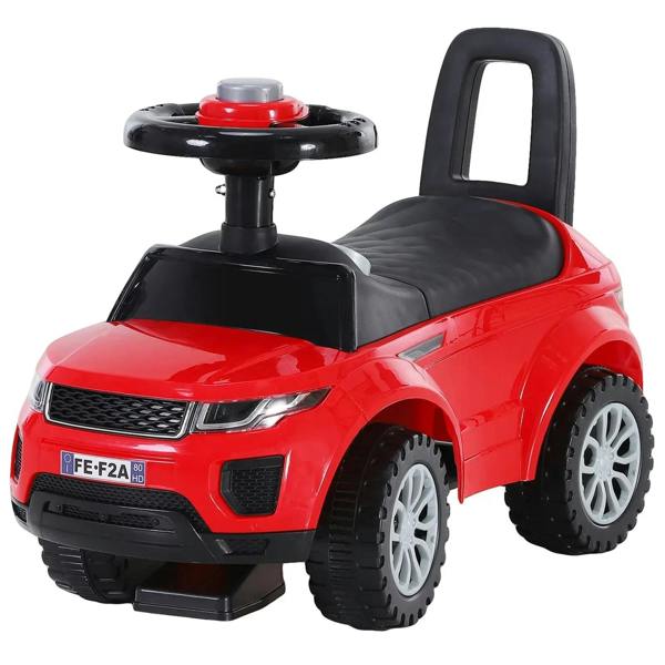 Red ride-on car for toddlers with black steering wheel, seat, and horn button