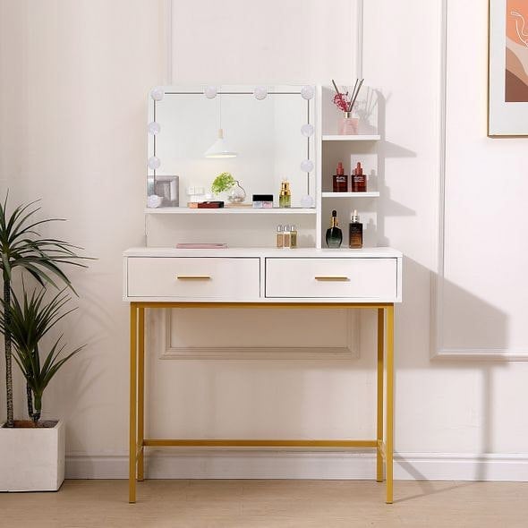 MMT Furniture Designs White Dressing Table Gold Legs Female Vanity Desk with LED Lights, Make Up Desk