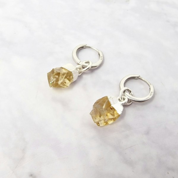 Raw Citrine November Birthstone Silver Huggies