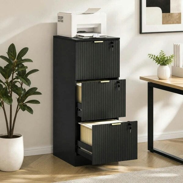 Filing Cabinet, Fluted Vertical File Cabinet with 3 Lockable Drawers and Hanging Rails, Black