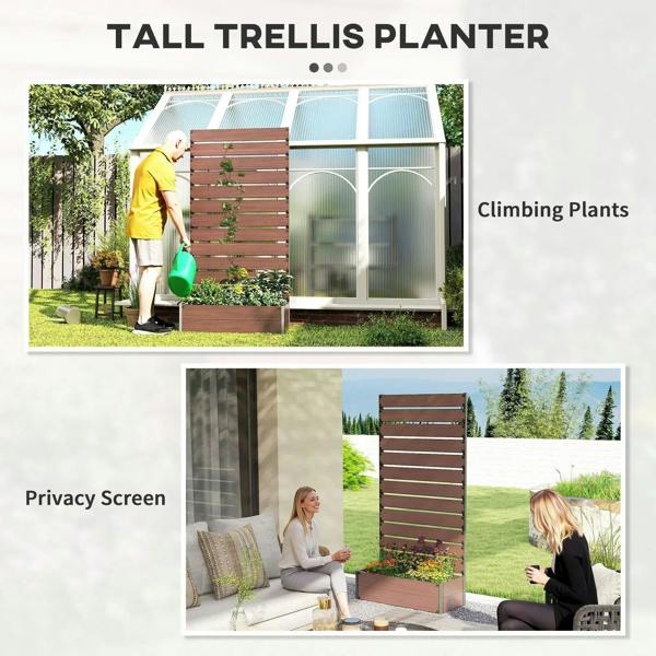 Tall trellis planter for climbing plants in light brown raised bed
