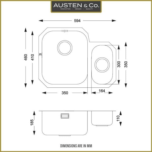 Austen & Co. Capri Stainless Steel Undermount 1.5 Bowl Kitchen Sink, Left Hand Main Bowl