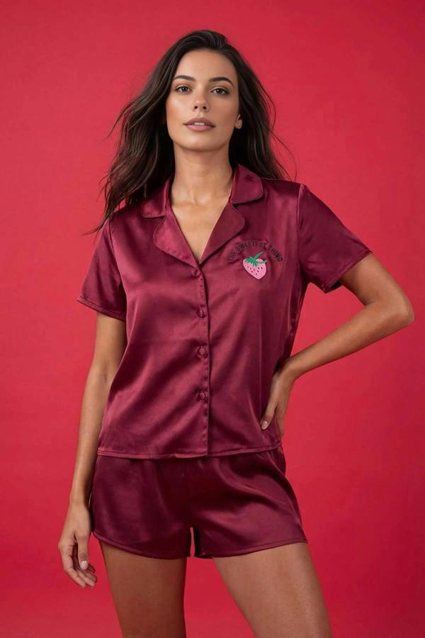 WOVCOR 2-Piece Woven Satin Pajama Set with Strawberry and Slogan Embroidery