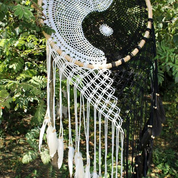 Extra large yin-yang dream catcher detail: white lattice weave with long hanging tassels