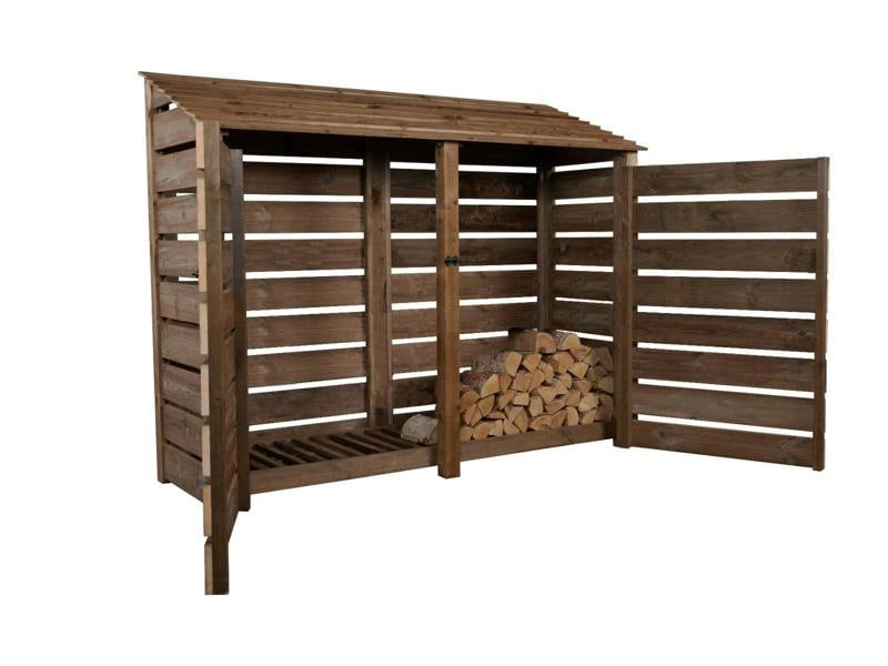 Arbor Garden Solutions Slatted Wooden Log Store with Doors W-227cm, H-126cm or 180cm, D-88cm - Brown Finish
