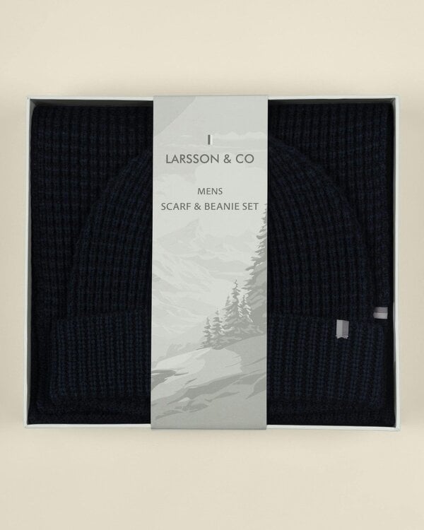 Larsson & Co Haldan – Navy Waffle Knit Beanie & Scarf Box