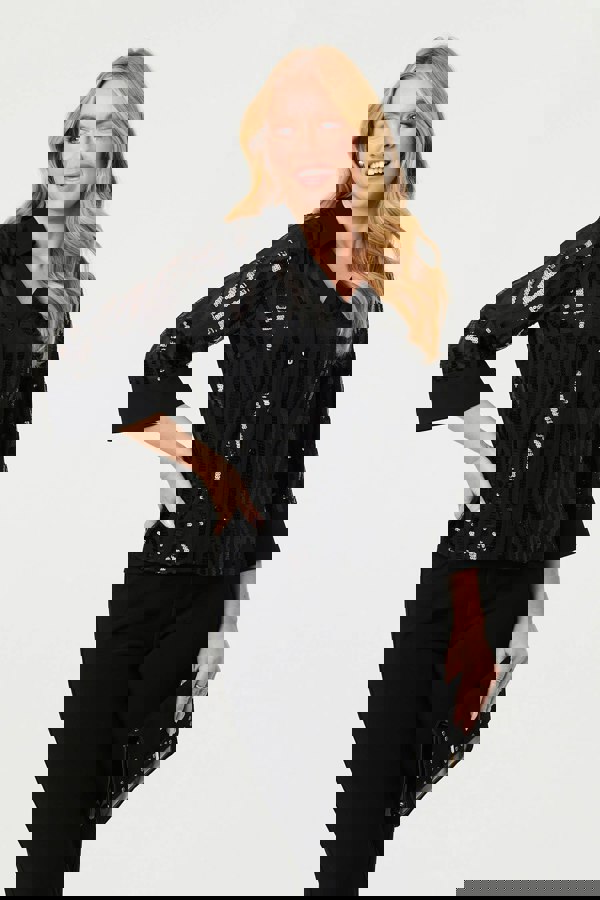 Black | Sequinned Semi Sheer 3/4 Sleeve Shirt
