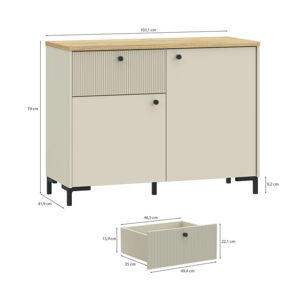 Furniture To Go Bixbite Sideboard with Fluted Detail, Drawer & Cupboard in Mauvella Oak and Sand
